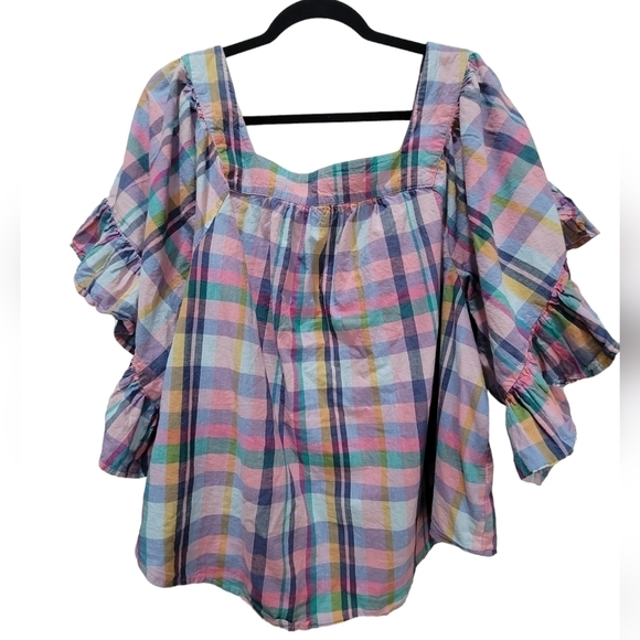 1X 100% Cotton Checkered Ruffle Short Sleeve Square Neck Blouse - Picture 2 of 4